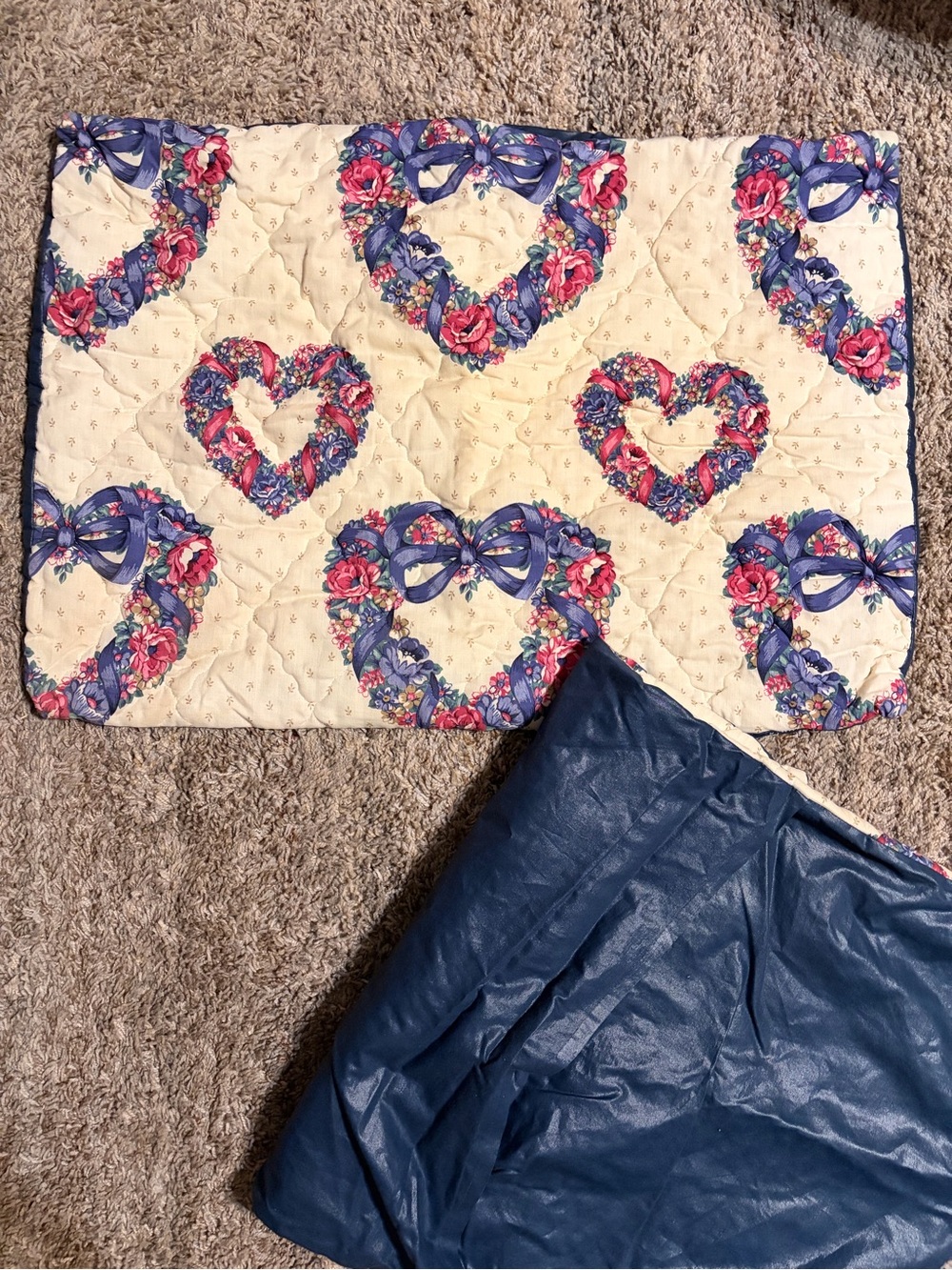Vintage Floral Heart Quilted Pillow Case Set - Blue & Cream